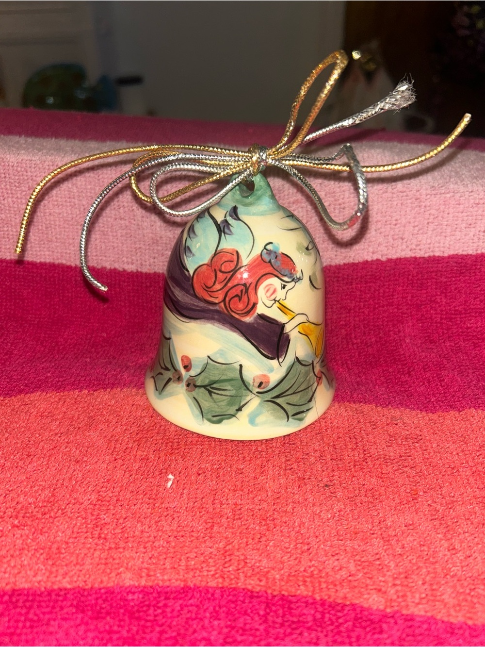 Hand-Painted Holiday Bell Ornament in Cream, Green and Red with Gold/Silver Bow